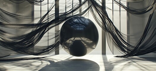 Levitating metallic sphere surrounded by dynamic tendrils of ferrofluid, forming an otherworldly sculpture. The play of light and shadow enhances the surreal atmosphere, drawing inspiration.