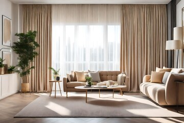 Modern living room interior with beautiful beige curtain on large bright window