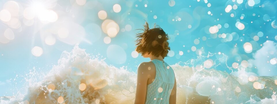 Stunning summer panorama of a large wave of water about to splash a young girl standing on a beach. Exciting tropical vacation theme texture background. 