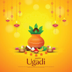 Happy Ugadi - poster template design including Kalash, banana leaf, green mango, flowers, rangoli and diya. - obrazy, fototapety, plakaty