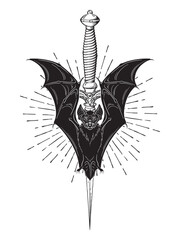Vampire bat with dagger gothic clipart witch familiar spirit, halloween or pagan witchcraft theme print design vector illustration.