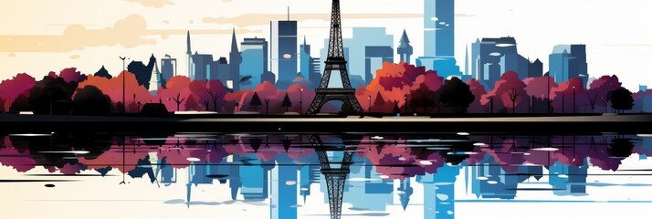 A beautiful cityscape of Paris featuring the iconic Eiffel Tower. The autumn trees by the river are ablaze with color, creating a stunning reflection in the water.