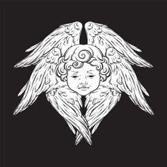 Six winged cherub cute winged curly smiling baby boy angel with rays of linght isolated over black background. Hand drawn design vector illustration