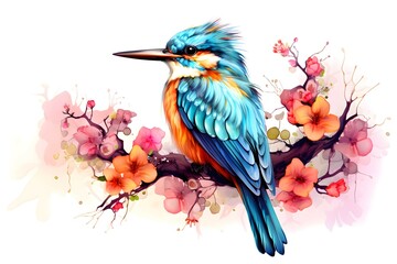International Bird Day. A bright bird sits on a branch with a flower