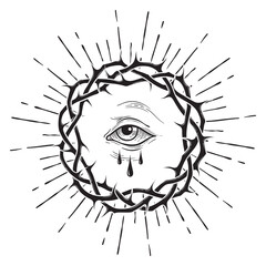 All seeing eye of God in sacred crown of thorns with rays of light sunburst hand drawn isolated vector illustration. Blackwork, flash tattoo or print design