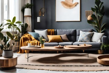 boho composition at living room interior with design gray sofa