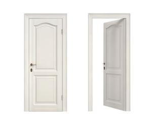 Two white panel doors, one closed and one open, cut out