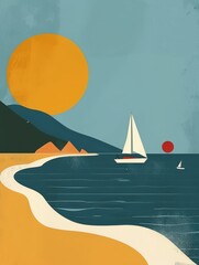 Naklejka premium A realistic painting featuring a sailboat sailing in the ocean near a beach, under a clear sky