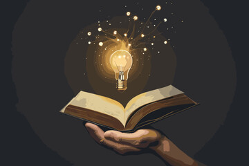 Hand holding open book with glowing lightbulb idea, knowledge and education leading to creativity, learning new skills and discovering solutions through reading, wisdom and inspiration concept. - obrazy, fototapety, plakaty