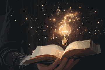 Hand holding open book with glowing lightbulb idea, knowledge and education leading to creativity, learning new skills and discovering solutions through reading, wisdom and inspiration concept. - obrazy, fototapety, plakaty