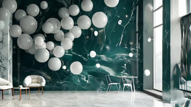 Interior of modern living room with black marble walls, concrete floor, white armchair and white balloons.