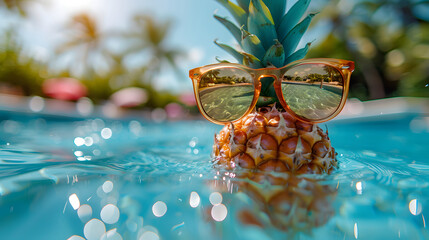 Pineapple in sunglasses floating in a pool on a sunny summer day. The concept of summer vacation, travel, vacation, relaxation. Generative AI.	