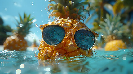 Pineapple in sunglasses floating in a pool on a sunny summer day. The concept of summer vacation, travel, vacation, relaxation. Generative AI.	