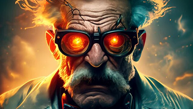 Mad and crazy scientist professor inventing at laboratory.