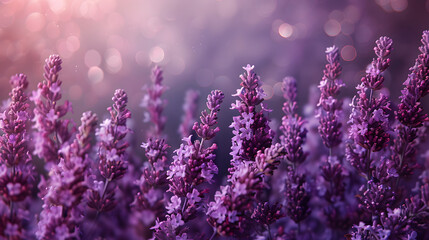Purple spring floral banner with lavender flowers for 8 march, mother's day with bokeh copy space for text. Floral background with soft selective focus. Generative AI.	