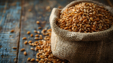 Grain in a burlap bag on a wooden surface. Bokeah background. Wheat grains. Harvest and agricultural concept. Food industry. Generative AI.	