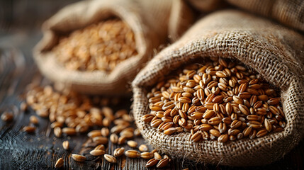 Grain falling out of the burlap bag onto the wooden surface. Bokeah background. Wheat grains. Harvest and agricultural concept. Food industry. Generative AI.