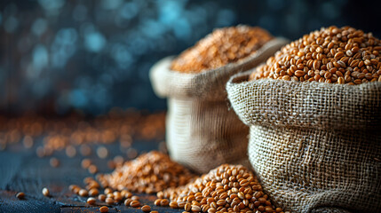Grain in burlap bags on a wooden surface. Bokeah background. Wheat grains. Harvest and agricultural concept. Food industry. Generative AI.	