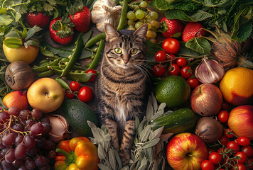Fruits and vegetables with cat. Created with Ai