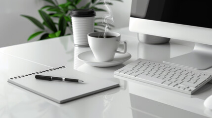 A cup of coffee sits amongst office essentials on a white desk.