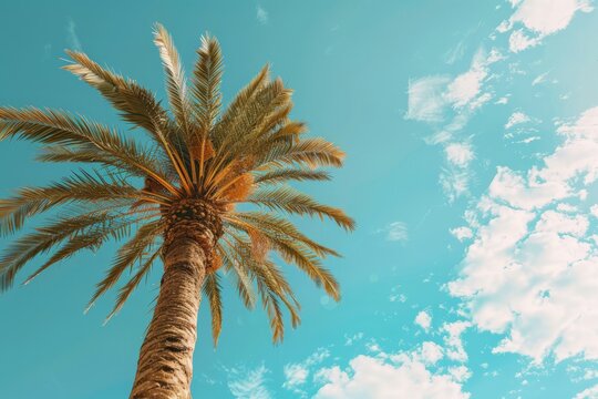 A tall palm tree stands against a clear blue sky, its fronds gently swaying in the breeze