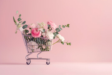 Shopping cart with blooming ranunculus and eucalyptus branches. Spring shopping, sale, discounts. Florist advertisement, copy space for text. Spring season, postcard for celebration, seasonal event. - obrazy, fototapety, plakaty