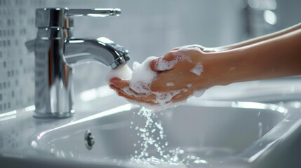 Hands are being washed under running water with soap and bubbles. - obrazy, fototapety, plakaty