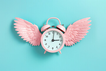 Alarm clock with angel wings flying on pastel background. Time flies concept, time management, free time. Time of flight. Day schedule, lack of time, running out of time, countdown, hurry, rush. - obrazy, fototapety, plakaty