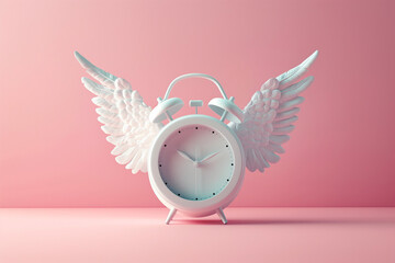 Alarm clock with angel wings flying on pastel background. Time flies concept, time management, free time. Time of flight. Day schedule, lack of time, running out of time, countdown, hurry, rush.