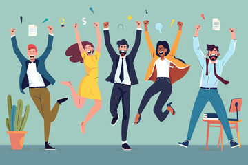 Happy office workers, joyful staff or employee success, team or colleague celebrate work achievement together, diverse, excited people concept, business people office worker jump to celebrate success. - obrazy, fototapety, plakaty