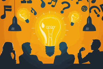 Illuminating solutions through Q&A: Business team holds lively FAQ session, transforming question marks into lightbulb ideas to provide helpful information and solve customer problems.