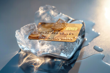Credit card frozen in ice cube. Frozen bank account. Frozen funds and assets, unavailable money. The concept of bankruptcy and capital freezing, capital outflow restrictions, deposit risk, sanctions. - obrazy, fototapety, plakaty