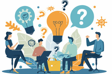 Illuminating solutions through Q&A: Business team holds lively FAQ session, transforming question marks into lightbulb ideas to provide helpful information and solve customer problems.