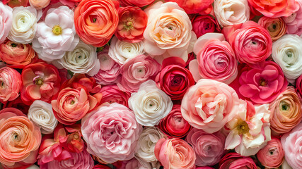 Flower wall background, ranunculus and roses texture. Bouquet, wedding floral background. Mix of pastel-colored flowers for florist boutique, online store catalog, flowers delivery, floral shop.