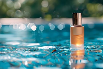 water background with a perfume bottle Elegant appearance: a water-based imitation of a glass bottle A soft pastel background features a bottle of moisturizer, hydrating face cream, or skin care lotio - obrazy, fototapety, plakaty