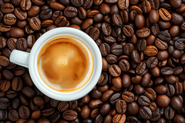 Fototapeta premium Coffee cup with coffee beans top view. Cup of freshly brewed espresso closeup on roasted coffee beans background.