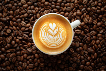 Coffee cup with latte art surrounded with coffee beans top view. Cup of freshly brewed cappuccino closeup on roasted coffee beans background. Fresh and hot coffee with milk. - obrazy, fototapety, plakaty