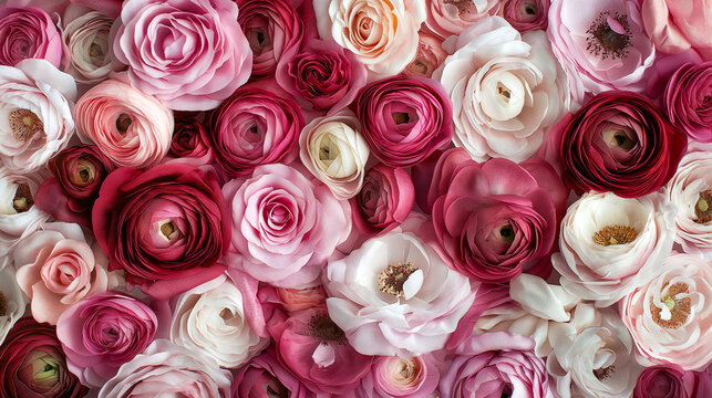 Flower wall background, ranunculus and roses texture. Bouquet, wedding floral background. Mix of pastel-colored flowers for florist boutique, online store catalog, flowers delivery, floral shop.