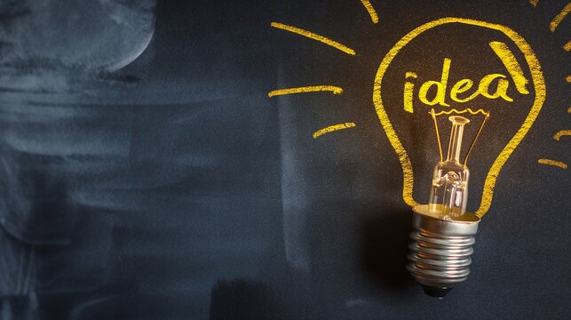 Close-up of yellow hand-drawn light bulb with the text idea, idea concept, light bulb in idea concept, idea light bulb in hand drawn with yellow chalk