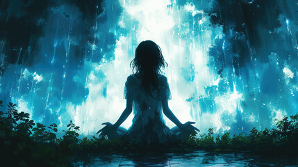 A woman meditating in the middle of nature, she glows blue and her hair flows like water. The sky behind her has rain falling from it. Created with Ai - obrazy, fototapety, plakaty