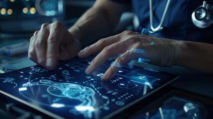 A healthcare professional is interacting with a futuristic digital tablet displaying medical data.
