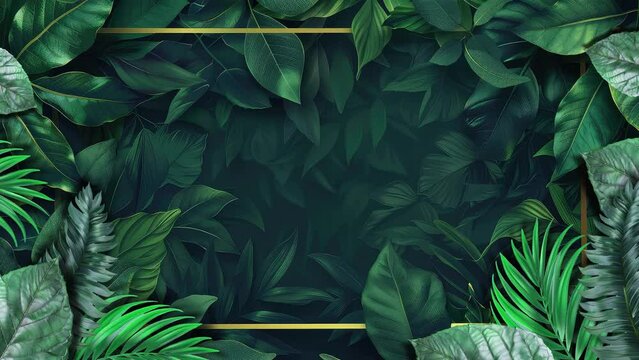 Luxurious animation displaying seamlessly looping forest plant leaves with a backdrop of deep green, adorned with elegant golden borders.