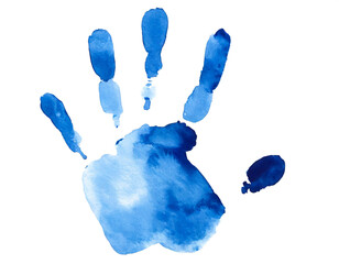 Handabdruck mit blauer wasserfarben isoliert auf weißen Hintergrund, Freisteller