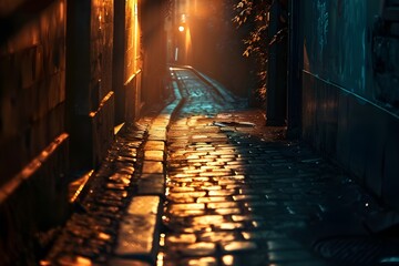 Photographs by Thai Nguyen are made on a range of subjects. An attractive old town lane at sunset with neon old town twilight grey veins in the walls and cobblestones providing a historically signific