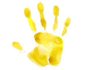 Handabdruck mit gelber wasserfarben isoliert auf weißen Hintergrund, Freisteller
