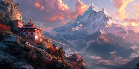 Cercles muraux Himalaya A serene temple adorned with colorful prayer flags stands against the backdrop of majestic snowy mountains illuminated by the sunrise. Resplendent.