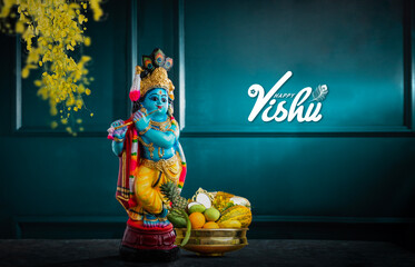 Vishu kani image with greeting, Lord krishna with kani arranged in brass uruli, happy Vishu 2024 background - obrazy, fototapety, plakaty