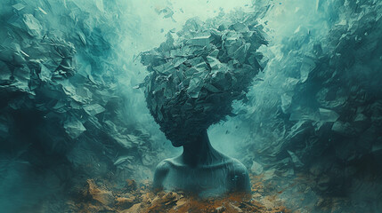 A surreal digital art piece depicting an underwater scene with the head of person made out of rocks and debris, set against swirling sea foam in shades of bluegreen and gray. Created with Ai - obrazy, fototapety, plakaty