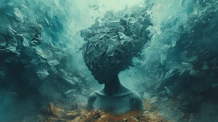 Foto op Plexiglas A surreal digital art piece depicting an underwater scene with the head of person made out of rocks and debris, set against swirling sea foam in shades of bluegreen and gray. Created with Ai © zee