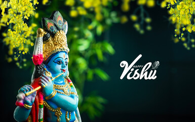 Happy Vishu greeting background, Lord Krishna with kani konna and Vishu calligraphy - obrazy, fototapety, plakaty